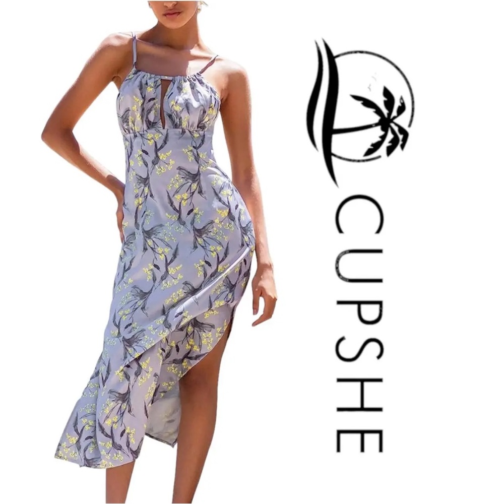Midi Dress 🩷 Silver with Yellow Floral | CUPSHE | Slit and Keyhole Neckline
